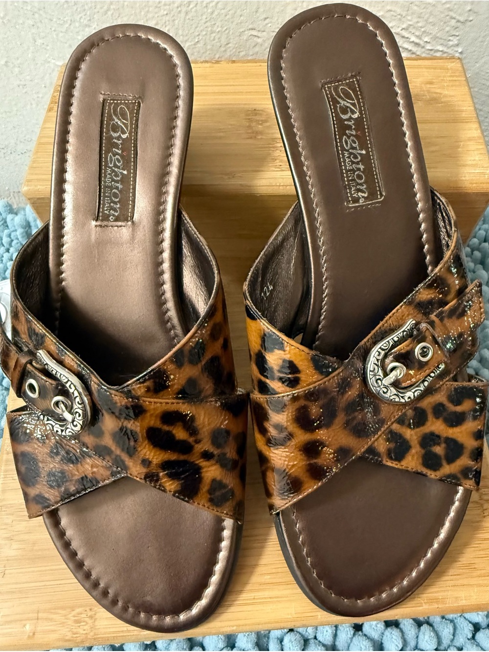 Brighton Leopard-Print Slide Mules with Silver Buckles